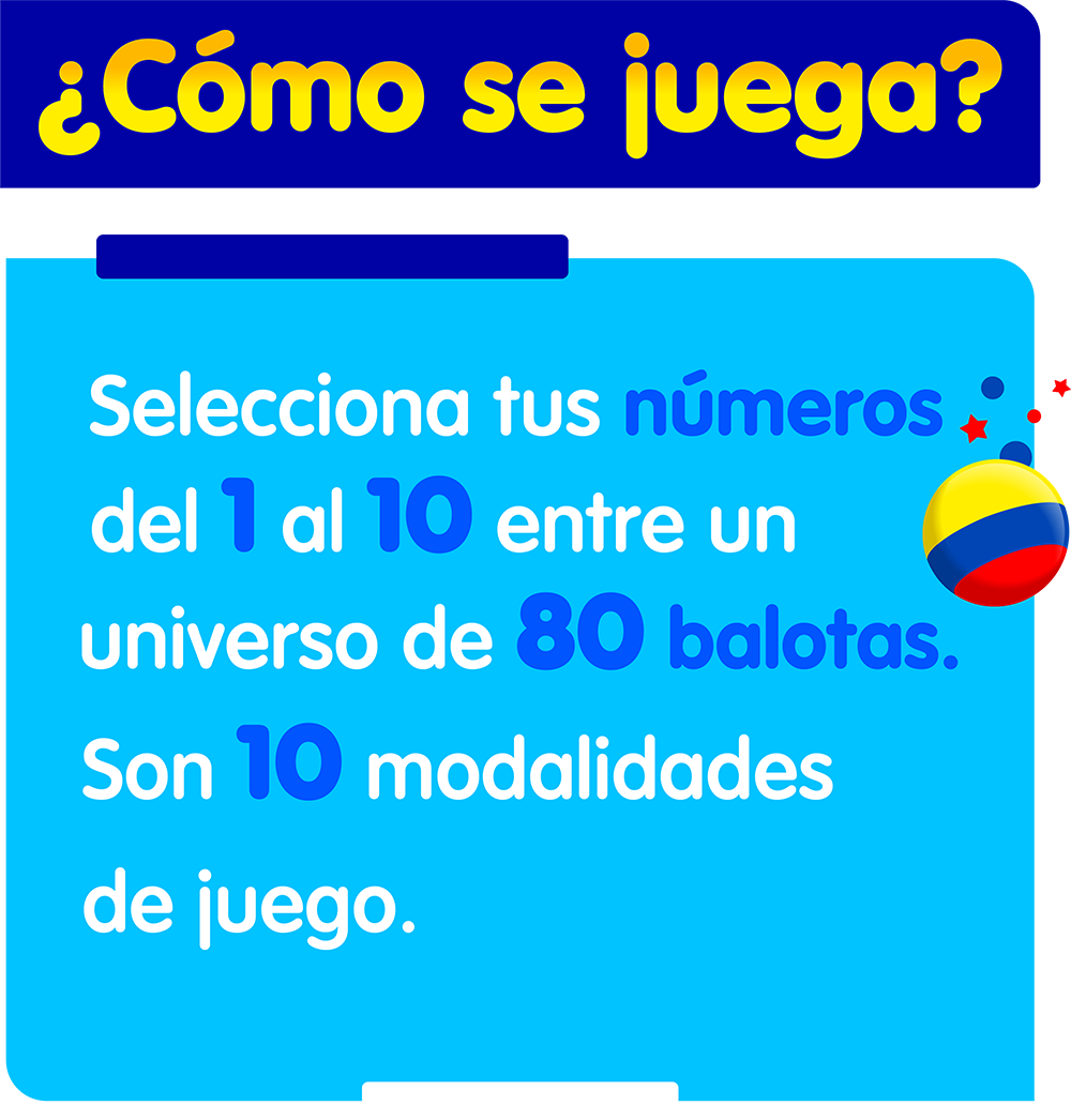 ¿Cómo se juega? Selecciona tus números del 1 al 10 entre un universo de 80 balotas. Son 10 modalidades de juego.